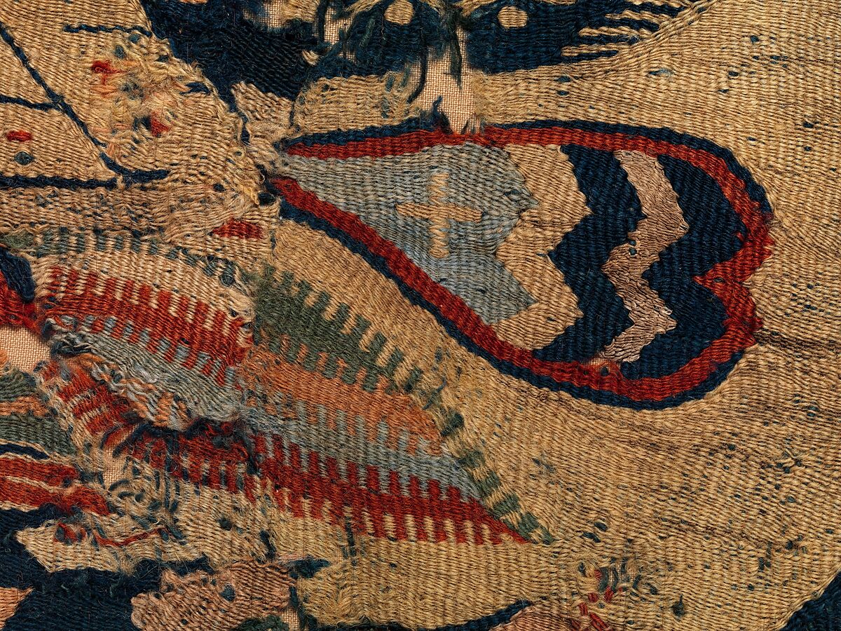 Fragment of Wall Hanging with confronted cocks and running dogs, Wool and linen, Coptic