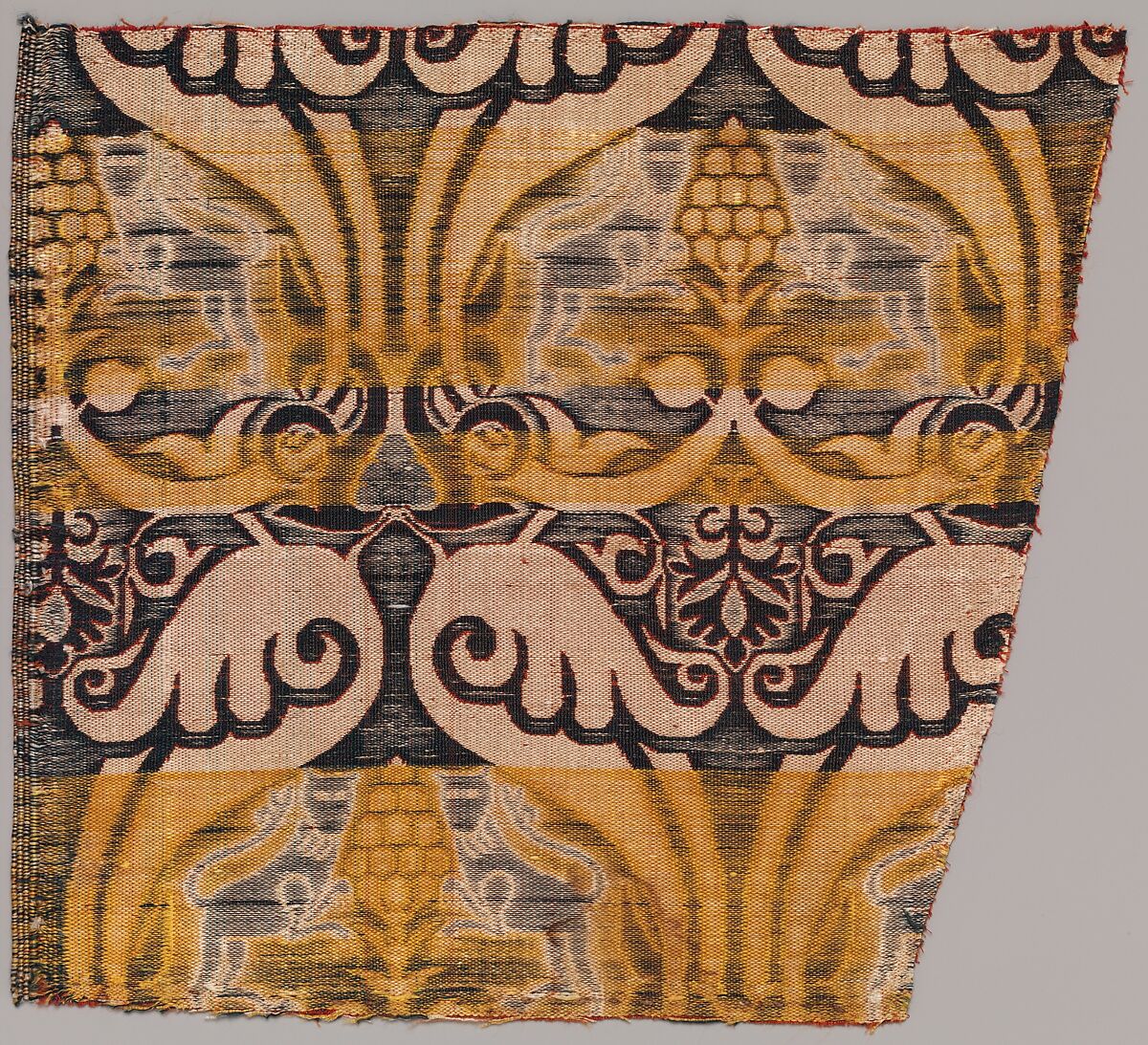 Silk Fragment with Lions and Pomegranates, Silk, lampas weave, Spanish