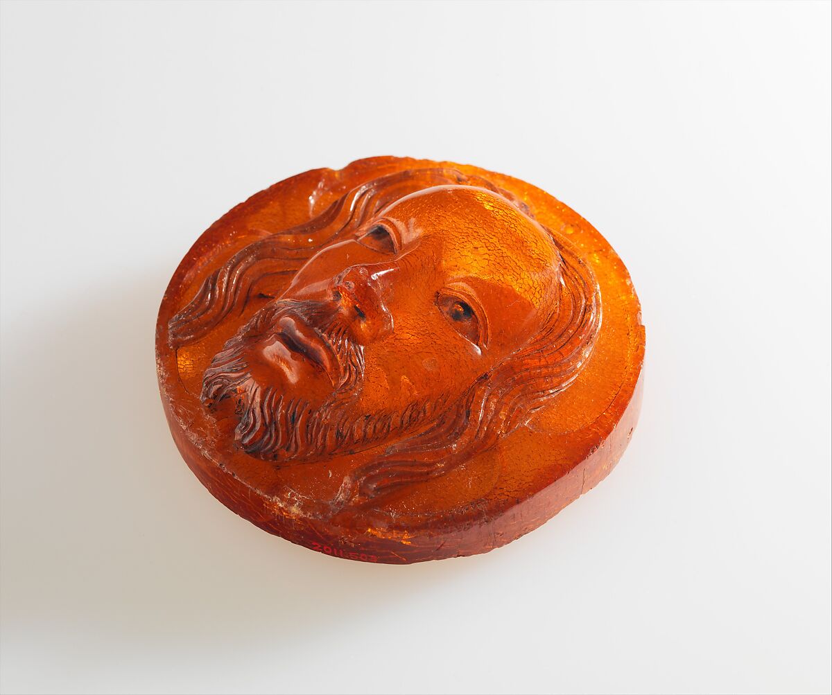 Medallion with the Face of Christ, Baltic amber with traces of paint, Polish