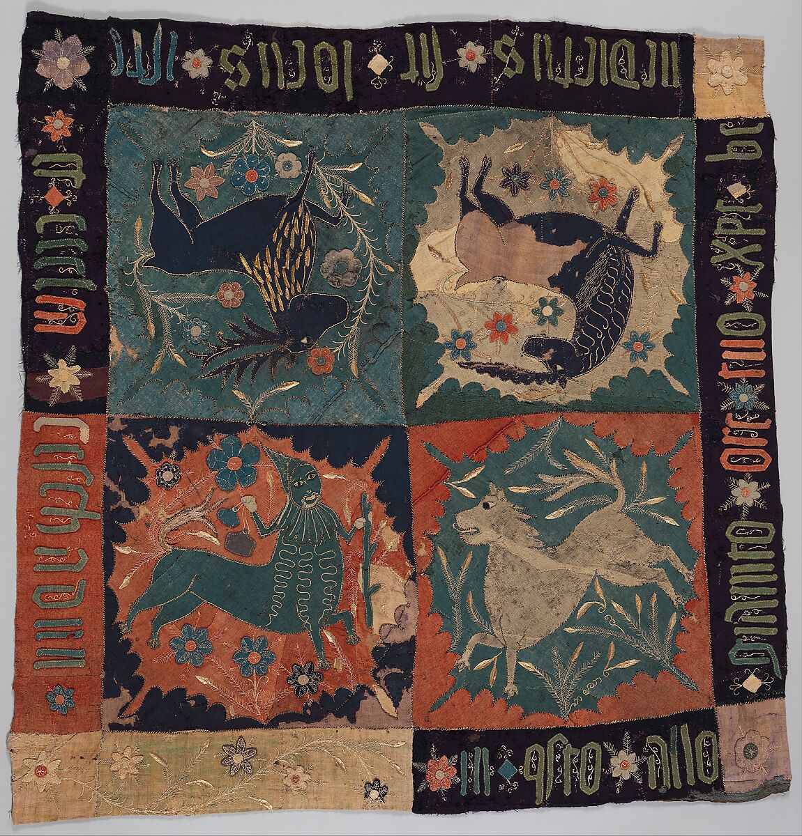 Textile Fragment with Unicorn, Deer, Centaur and Lion, Wool intarsia and applique with gilt leather and linen embroidery, Scandinavian 