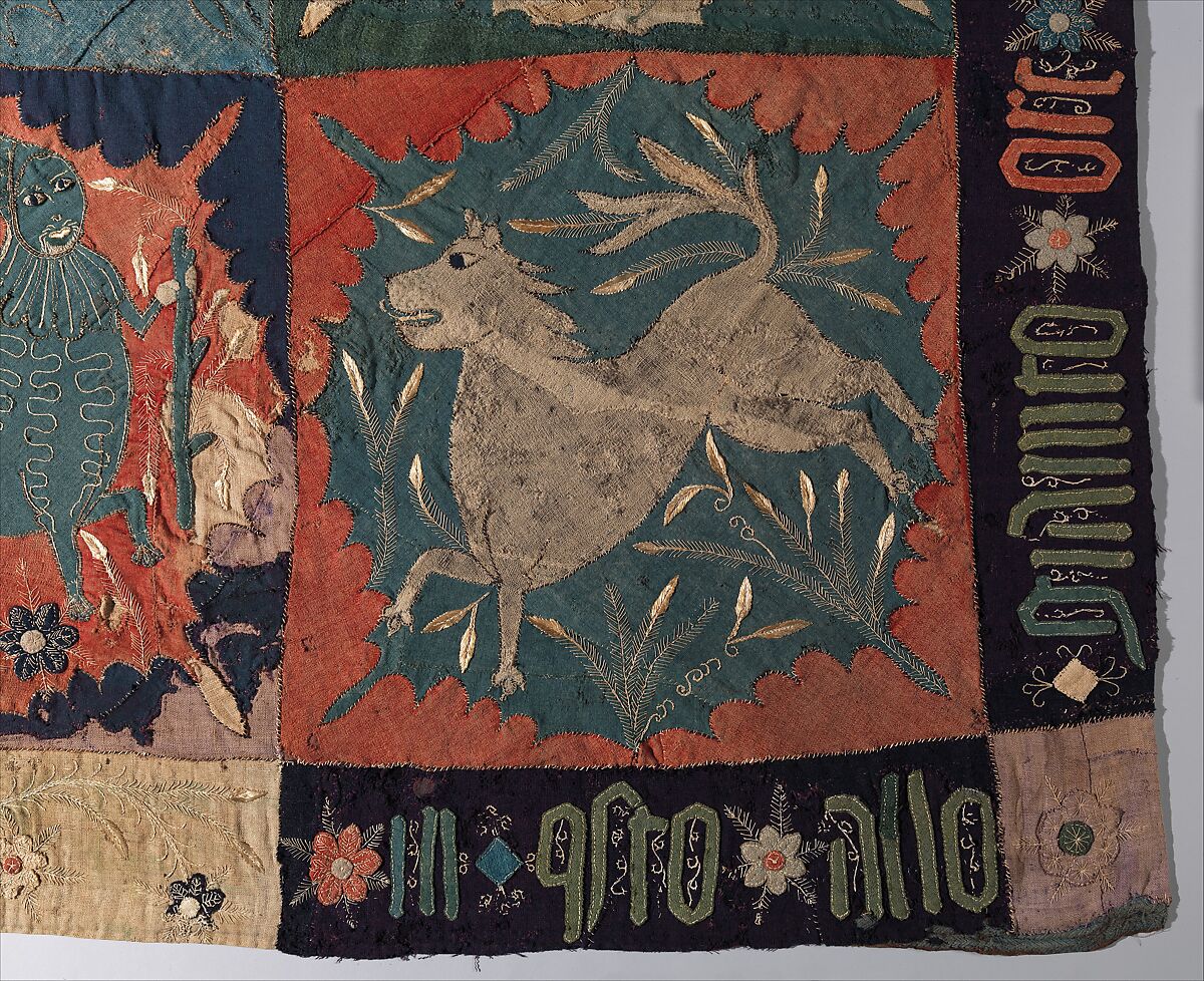 Textile Fragment with Unicorn, Deer, Centaur and Lion, Wool intarsia and applique with gilt leather and linen embroidery, Scandinavian