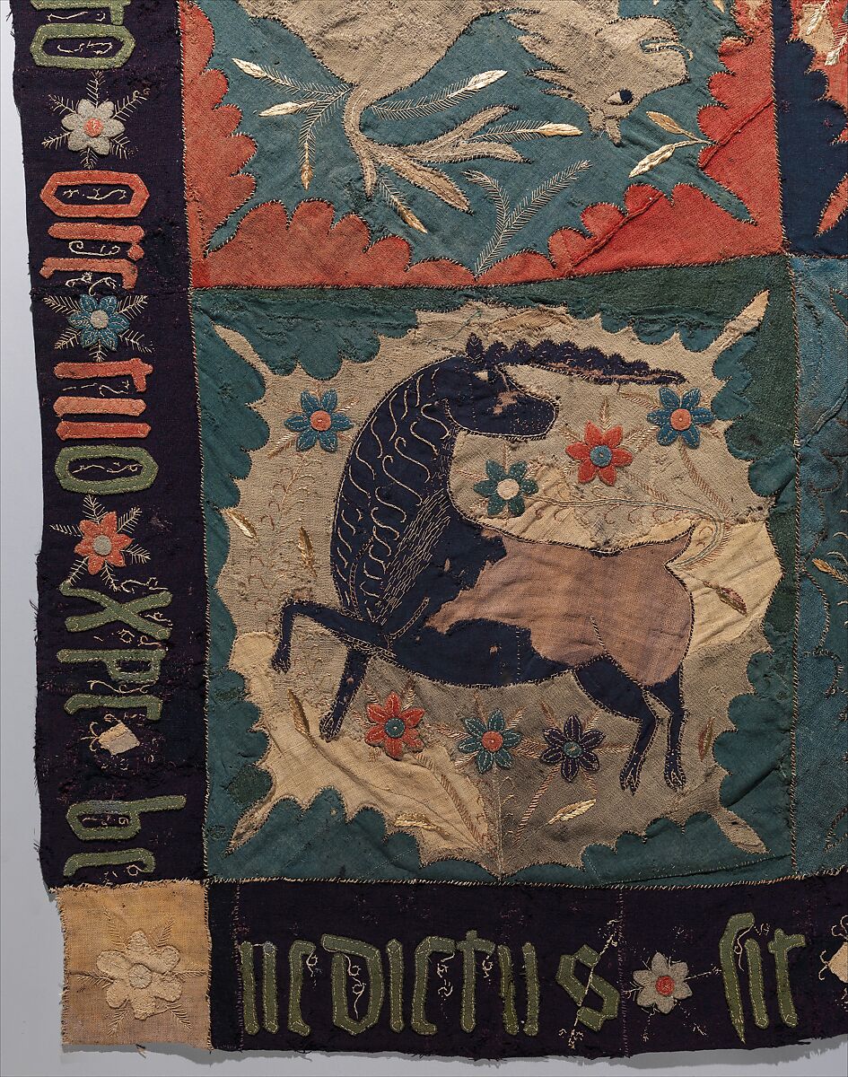 Textile Fragment with Unicorn, Deer, Centaur and Lion, Wool intarsia and applique with gilt leather and linen embroidery, Scandinavian
