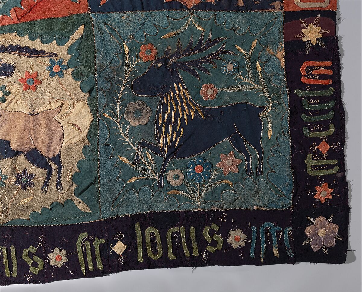Textile Fragment with Unicorn, Deer, Centaur and Lion, Wool intarsia and applique with gilt leather and linen embroidery, Scandinavian