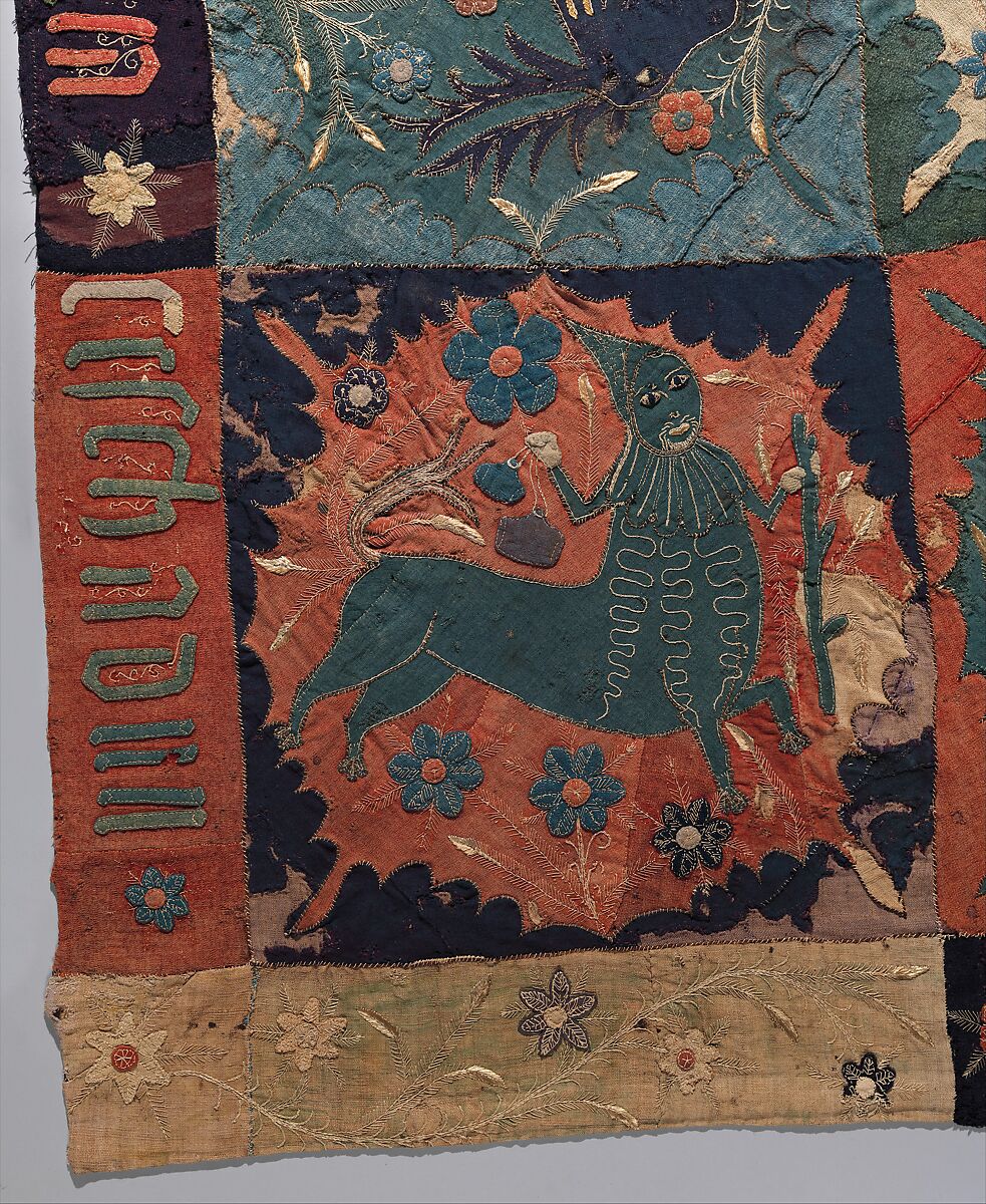 Textile Fragment with Unicorn, Deer, Centaur and Lion, Wool intarsia and applique with gilt leather and linen embroidery, Scandinavian