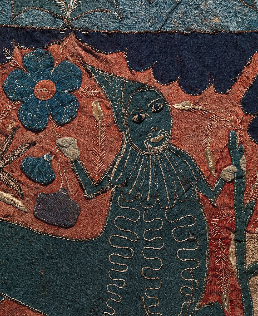 Textile Fragment with Unicorn, Deer, Centaur and Lion, Wool intarsia and applique with gilt leather and linen embroidery, Scandinavian