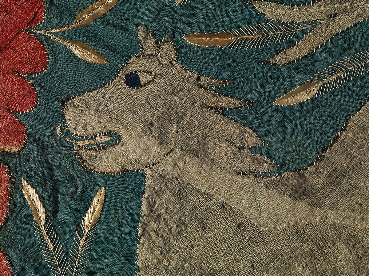 Textile Fragment with Unicorn, Deer, Centaur and Lion, Wool intarsia and applique with gilt leather and linen embroidery, Scandinavian