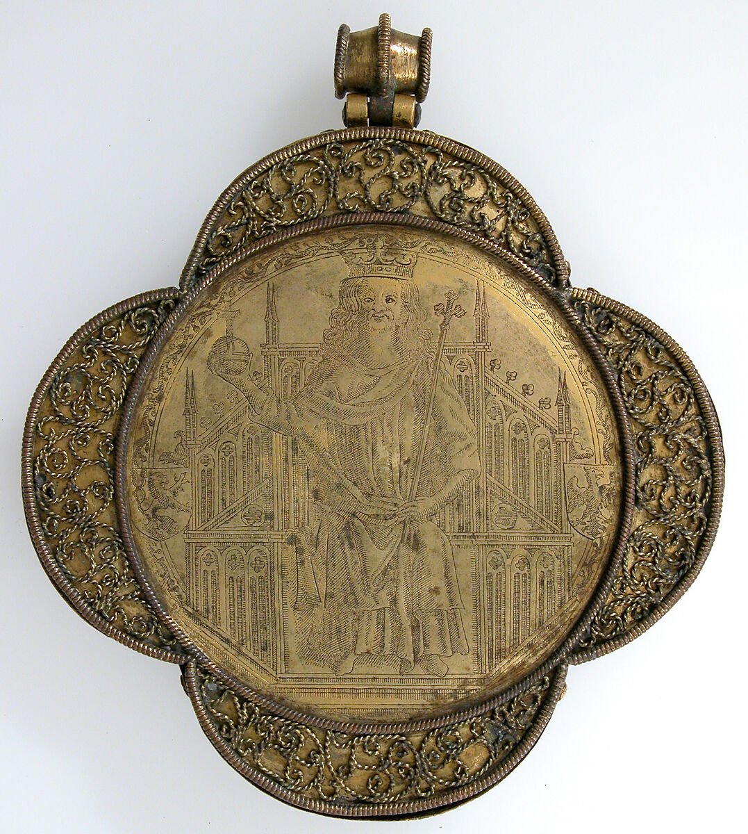 Quatrefoil Mount for a Medieval Ivory of the Crucifixion, Silver-gilt, champlevé enamel, glass and stone cabochon mount, European