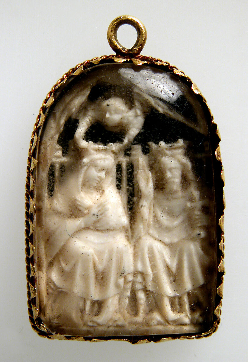 Pendant with the Coronation of the Virgin, Elephant ivory mounted behind rock crystal in gold mount, North French or Netherlandish