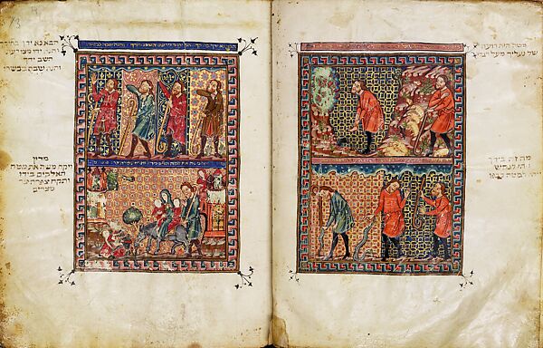 The Rylands Haggadah: The Burning Bush and the Miraculous Staff of Moses (right); The Healing of Moses’s Arm, the Return to Egypt, and Zipporah Circumcising Her Son (left) [fols. 13v-14r], Tempera, gold, and ink on parchment, Catalan 