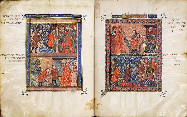 The Rylands Haggadah: The Miraculous Staff of Aaron and the Plague of Blood (right); The Plagues of Frogs and of Lice (left) [fols. 15v-16r], Tempera, gold, and ink on parchment, Catalan 