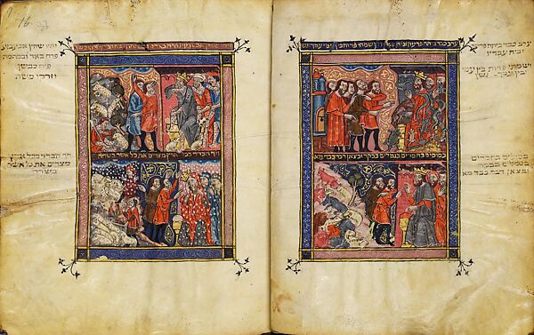 The Rylands Haggadah: The Plagues of Wild Beasts and of Cattle Disease (right); The Plagues of Boils and of Hail (left) [fols. 16v-17r], Tempera, gold, and ink on parchment, Catalan 