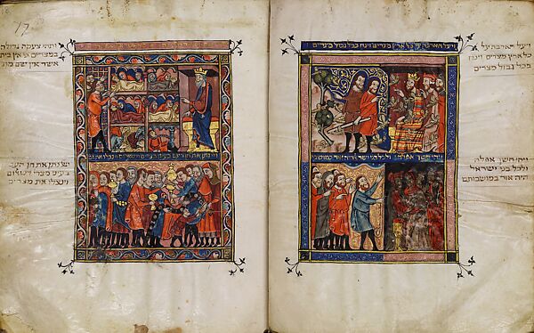 The Rylands Haggadah: The Plagues of Locusts and of Darkness (right); The Death of the Firstborn and the Looting of Treasures (left) [fols. 17v-18r], Tempera, gold, and ink on parchment, Catalan 