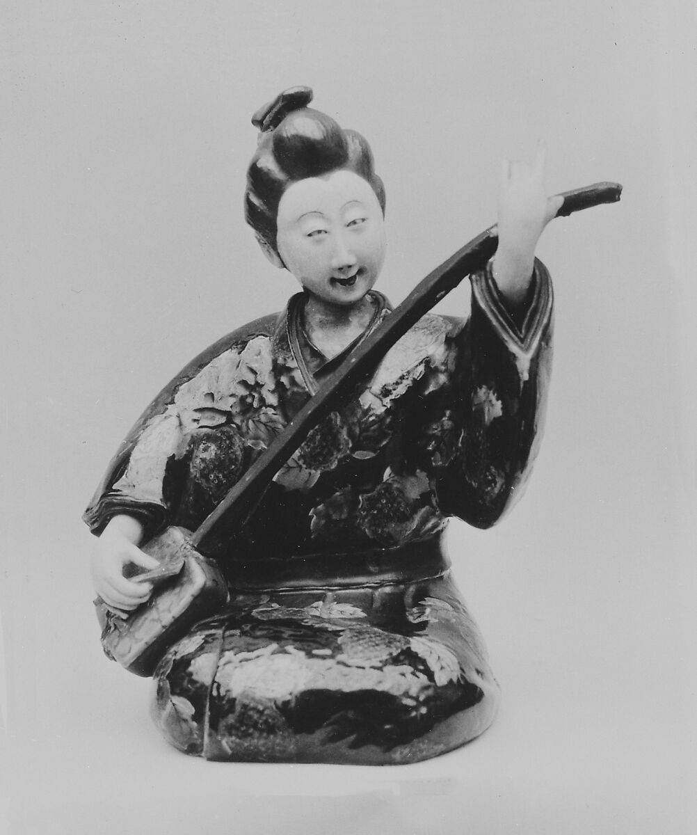 Figure of Girl playing Shamisen, Porcelain decorated with colored enamels (Hizen ware, Kutani type), Japan 