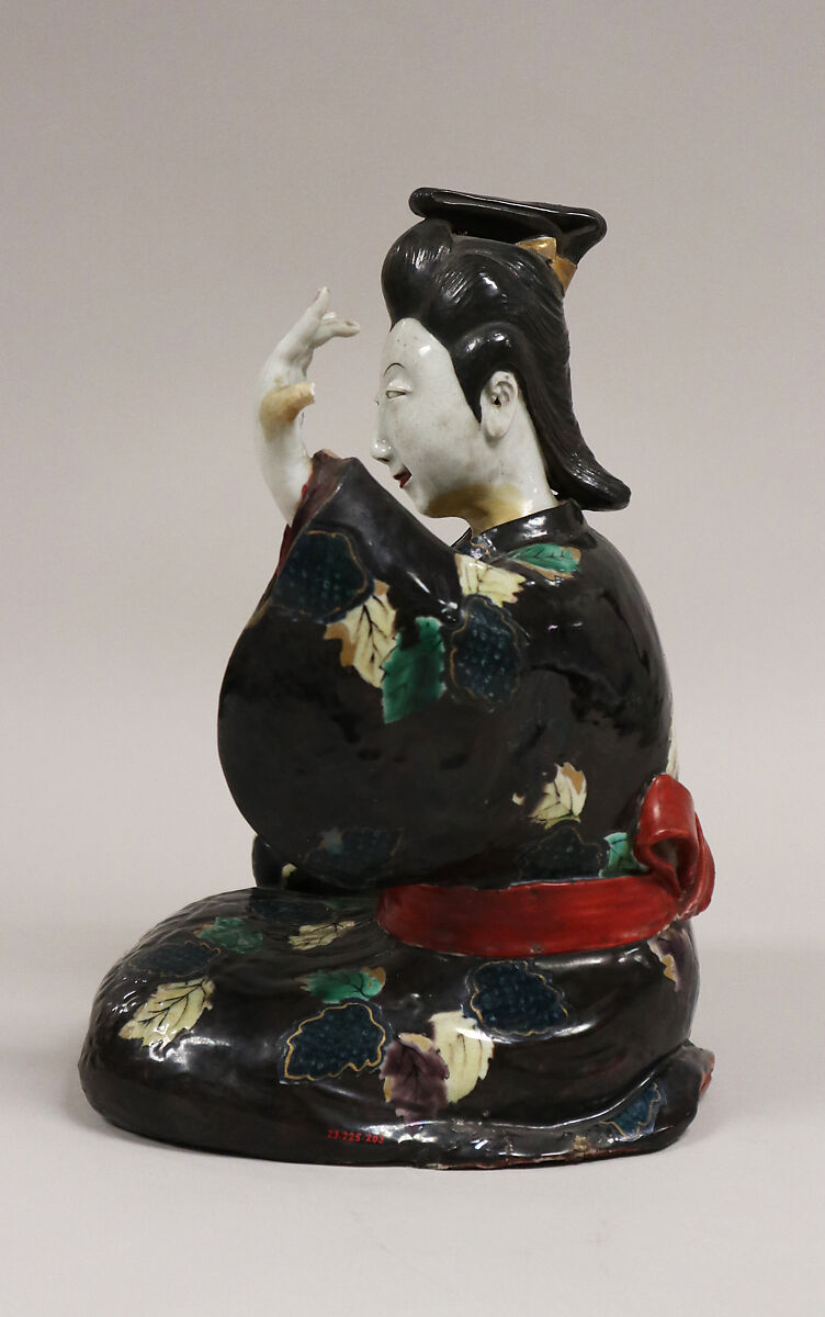 Figure of Girl playing Shamisen, Porcelain decorated with colored enamels (Hizen ware, Kutani type), Japan