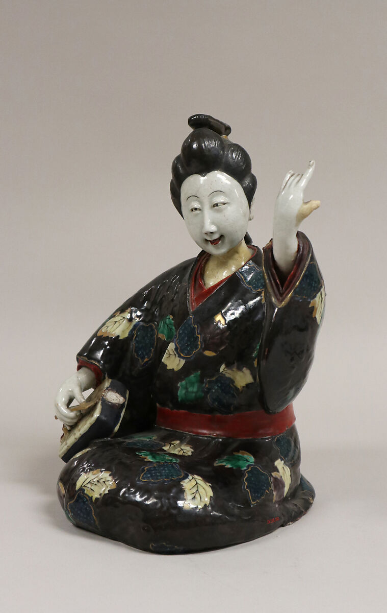 Figure of Girl playing Shamisen, Porcelain decorated with colored enamels (Hizen ware, Kutani type), Japan