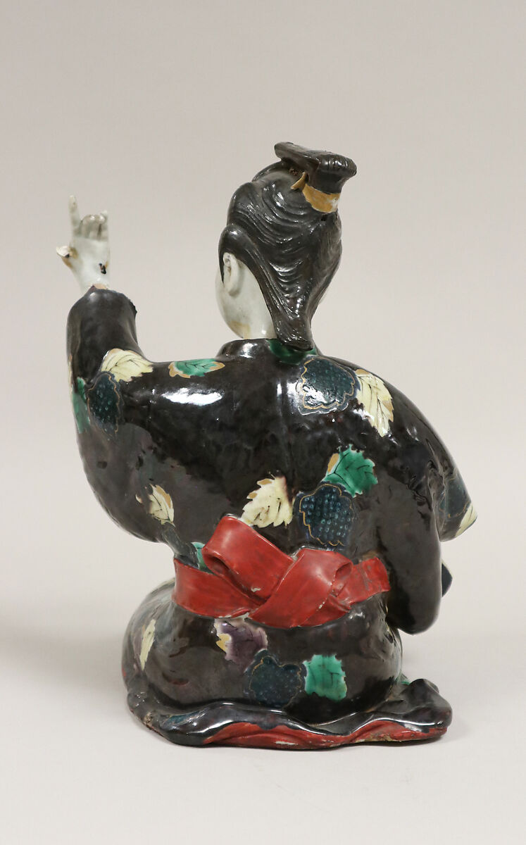 Figure of Girl playing Shamisen, Porcelain decorated with colored enamels (Hizen ware, Kutani type), Japan