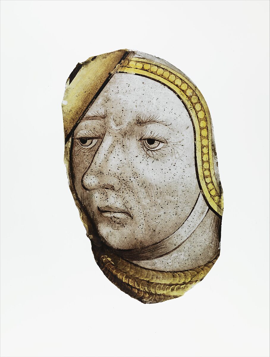 Head of a Woman, Colorless glass, vitreous paint, and silver stain, French 