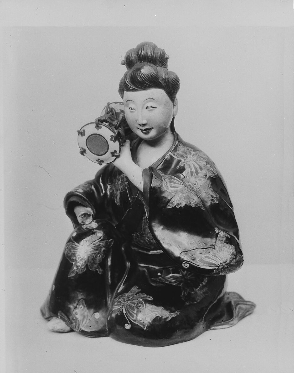 Figure of Girl playing Tsuzumi, Porcelain decorated with colored enamels (Hizen ware, Kutani type), Japan 