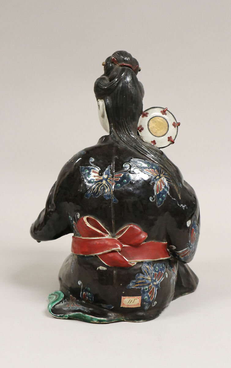 Figure of Girl playing Tsuzumi, Porcelain decorated with colored enamels (Hizen ware, Kutani type), Japan