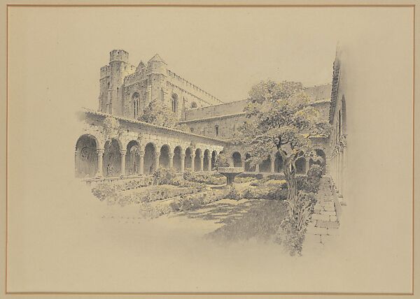 Preliminary Design for The Cloisters - View of the interior of Cuxa Cloister, Otto Reinhold Eggers (American, 1882–1964), Graphite pencil and opaque green, yellow, and white watercolor on mat board, American 