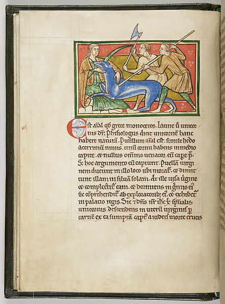 A Maiden Taming a Unicorn, from the Worksop Bestiary, Tempera, gold, and ink on parchment, British (possibly Lincoln or York) 