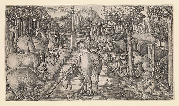 The Unicorn at the Stream, from the Unicorn Series, Jean Duvet (French, ca. 1485–after 1561), Engraving, French 