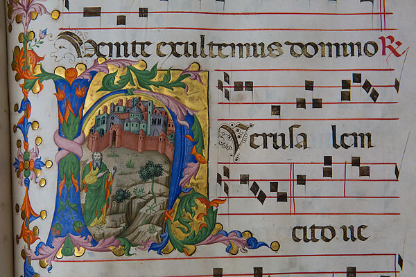 The Prophet Isaiah in a Letter H, from a choir book of the Franciscans of Bethlehem, Illuminated by Andrea di Bartolo (Italian, Siena, active by 1389–died 1428 Siena) and workshop, Tempera, gold, and ink on parchment, Italian 