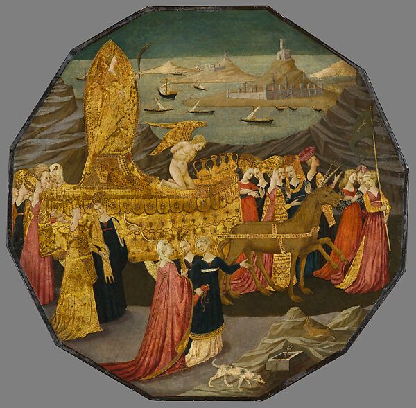 Birth Tray (Desco da Parto) with the Triumph of Chastity (recto) and Naked Boys with Poppy Pods (verso), Workshop of Apollonio di Giovanni di Tomaso (Italian, Florence ca. 1416–1465 Florence), Tempera and gold leaf on panel, Italian (Florence) 