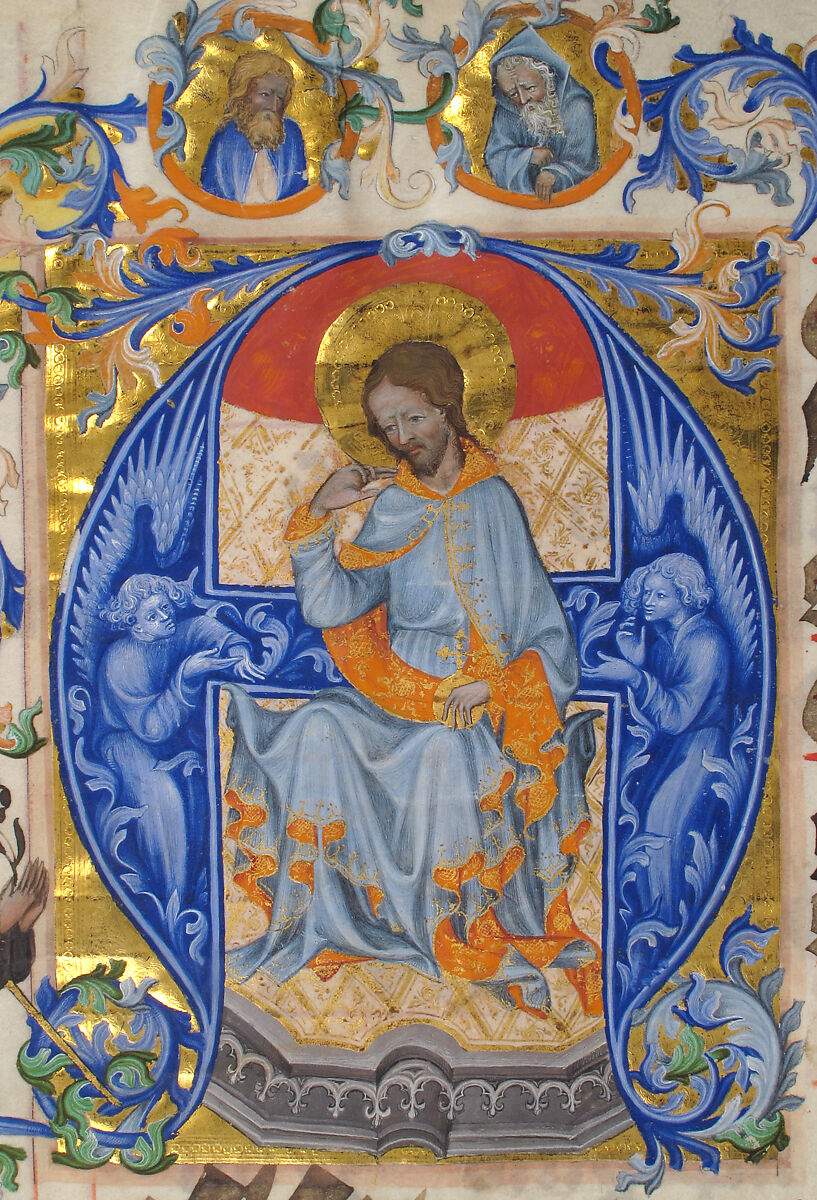 Bifolium with Christ in Majesty in an Initial A, from an Antiphonary, Tempera, gold, and ink on parchment, Bohemian