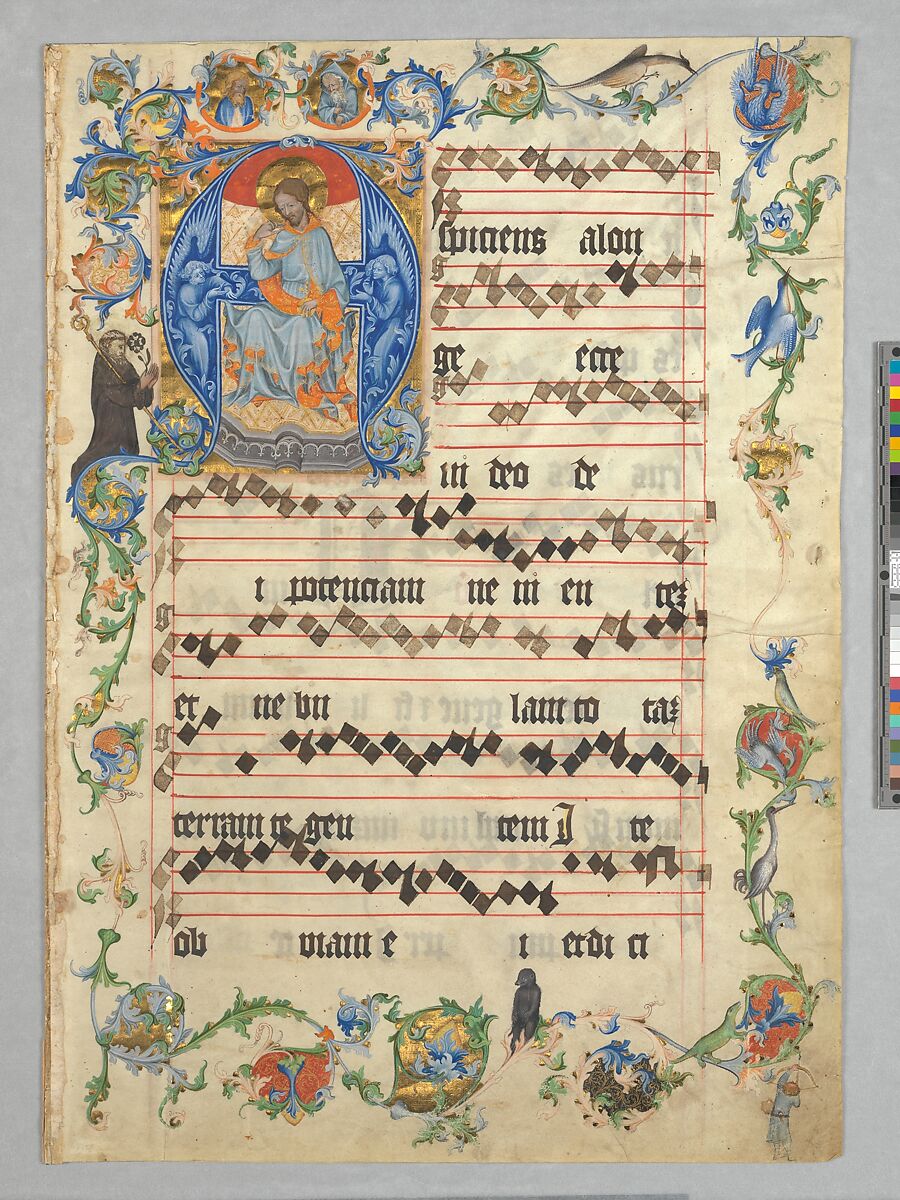 Bifolium with Christ in Majesty in an Initial A, from an Antiphonary, Tempera, gold, and ink on parchment, Bohemian 