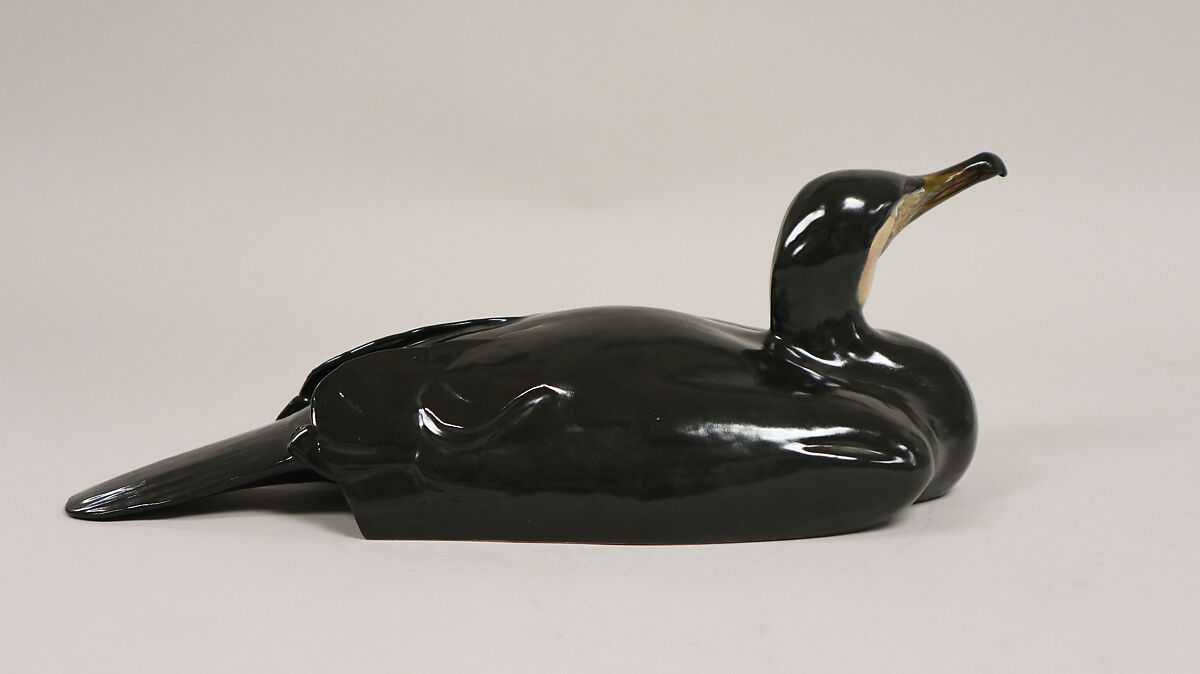 Figure of Cormorant, Tennozan Kawashima, Pottery; natural-colored body with black glaze overall; throat buff, speckled towards beak; beak, brown; eyes, yellow-gray; underside natural color with clear glaze, Japan