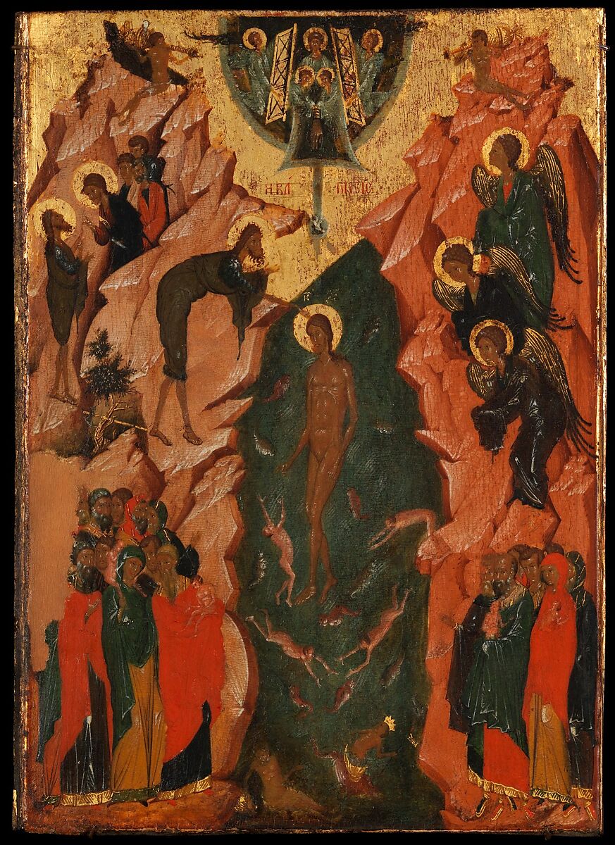 Four Icons from a Pair of Doors (Panels), possibly part of a Polyptych: John the Theologian and Prochoros, the Baptism (Epiphany), Harrowing of Hell (Anastasis), and Saint Nicholas, Tempera and gold on wood, Byzantine