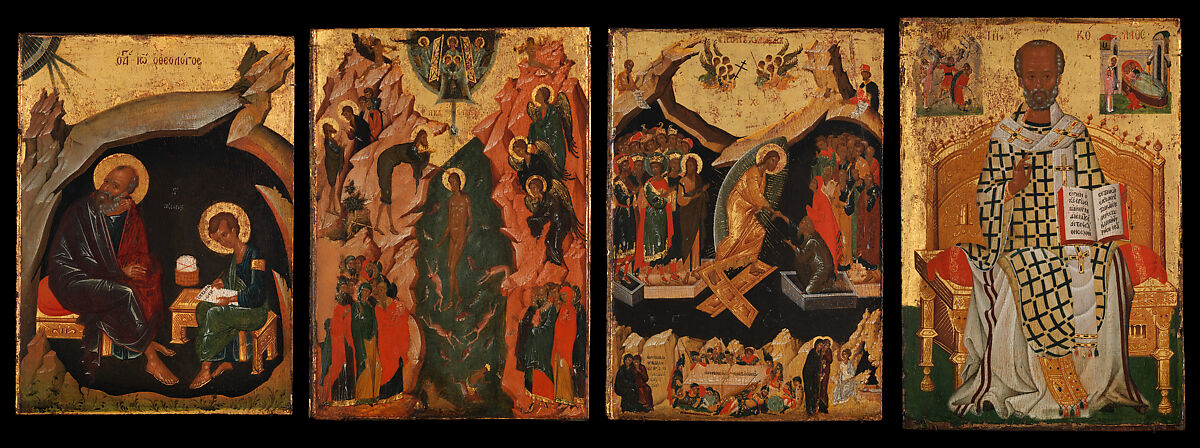 Four Icons from a Pair of Doors (Panels), possibly part of a Polyptych: John the Theologian and Prochoros, the Baptism (Epiphany), Harrowing of Hell (Anastasis), and Saint Nicholas