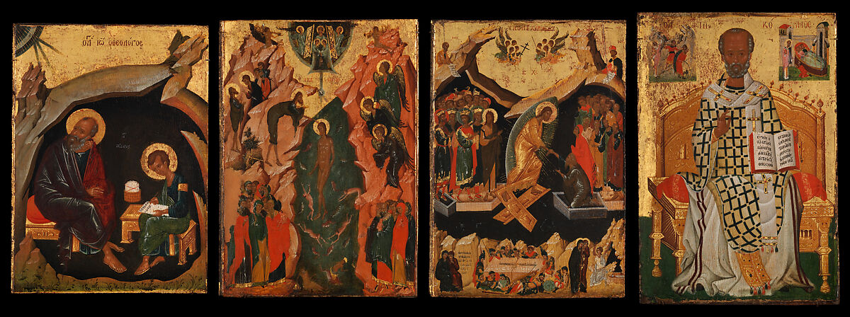 Four Icons from a Pair of Doors (Panels), possibly part of a Polyptych: John the Theologian and Prochoros, the Baptism (Epiphany), Harrowing of Hell (Anastasis), and Saint Nicholas, Tempera and gold on wood, Byzantine