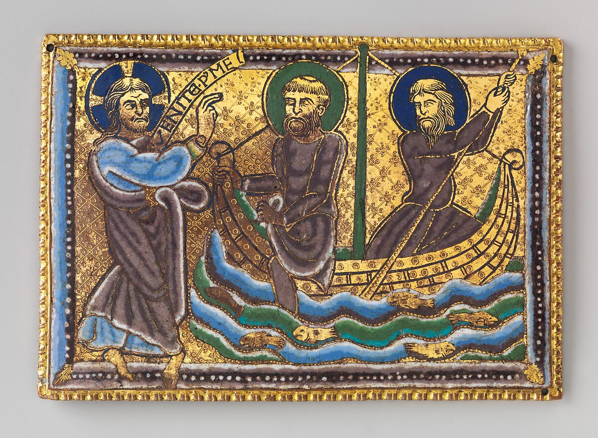 Plaque with the Calling of Saints Peter and Andrew, Champlevé enamel on gilded copper, British 