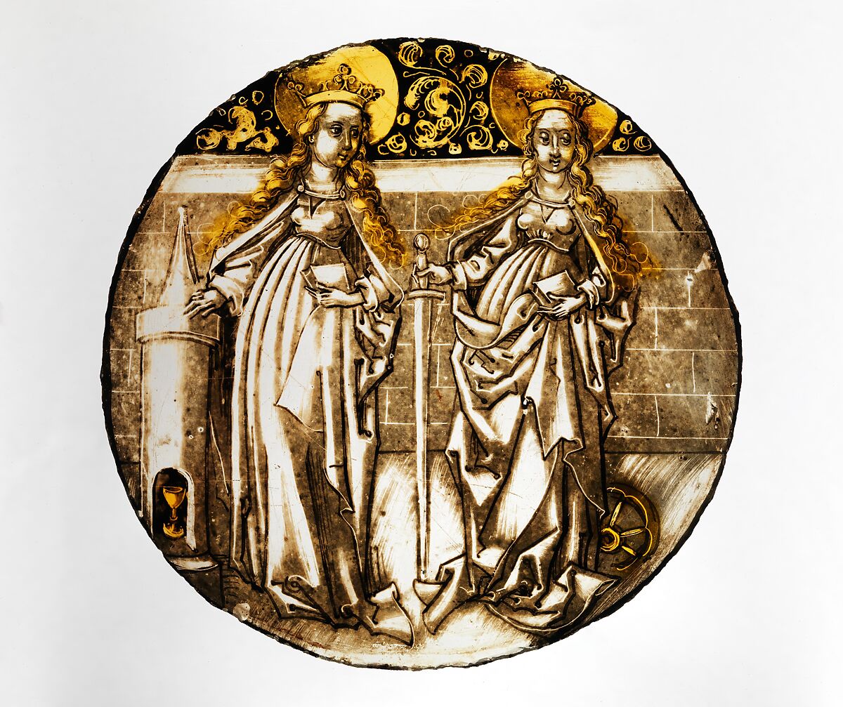 Roundel with Saints Barbara and Catherine, Colorless glass, vitreous paint, and silver stain, German 