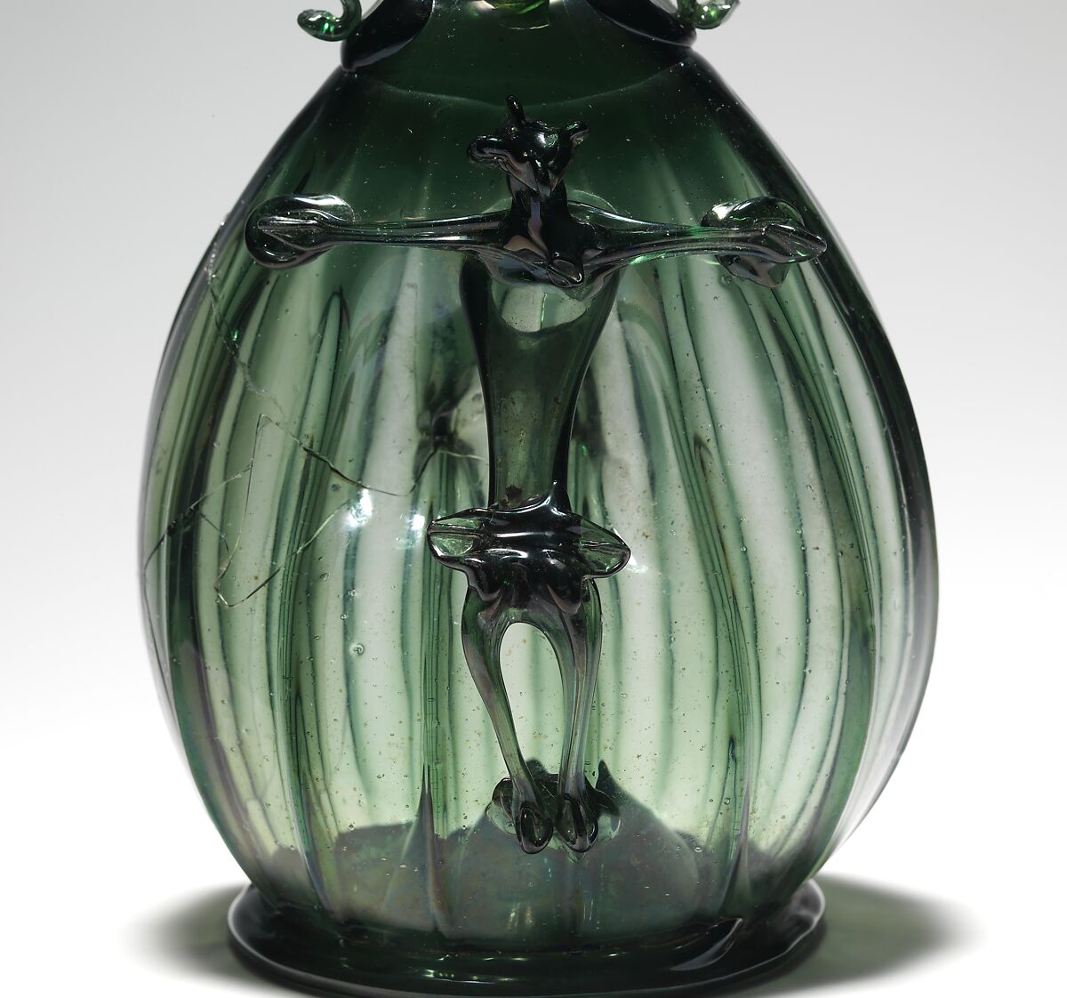 Pilgrim Flask with the Corpus Christi, Free-blown glass with applied decoration, German