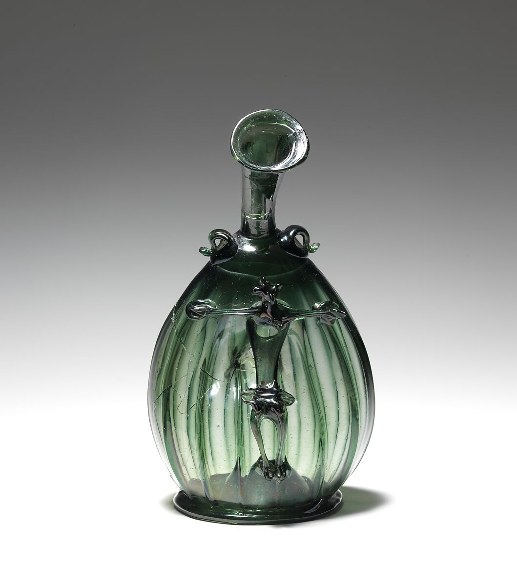 Pilgrim Flask with the Corpus Christi, Free-blown glass with applied decoration, German