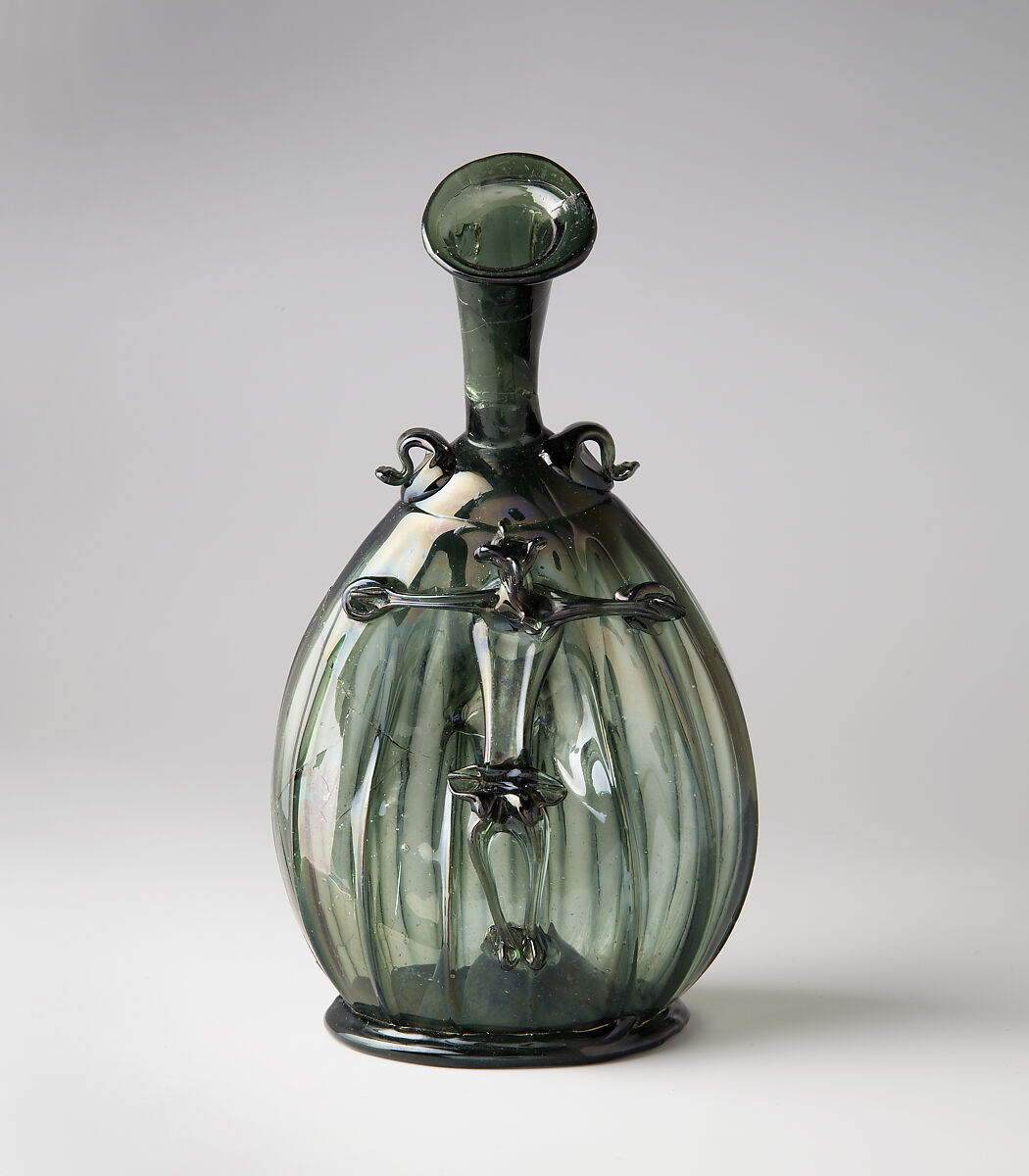 Pilgrim Flask with the Corpus Christi, Free-blown glass with applied decoration, German