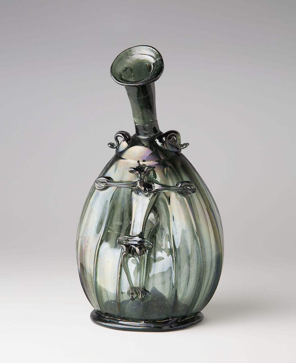 Pilgrim Flask with the Corpus Christi, Free-blown glass with applied decoration, German 
