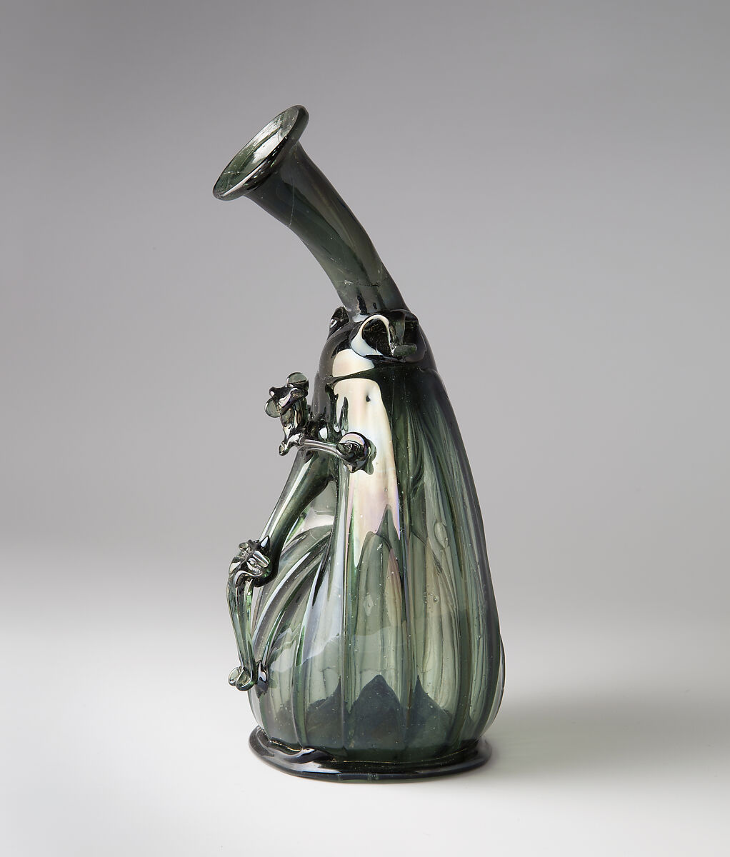 Pilgrim Flask with the Corpus Christi, Free-blown glass with applied decoration, German