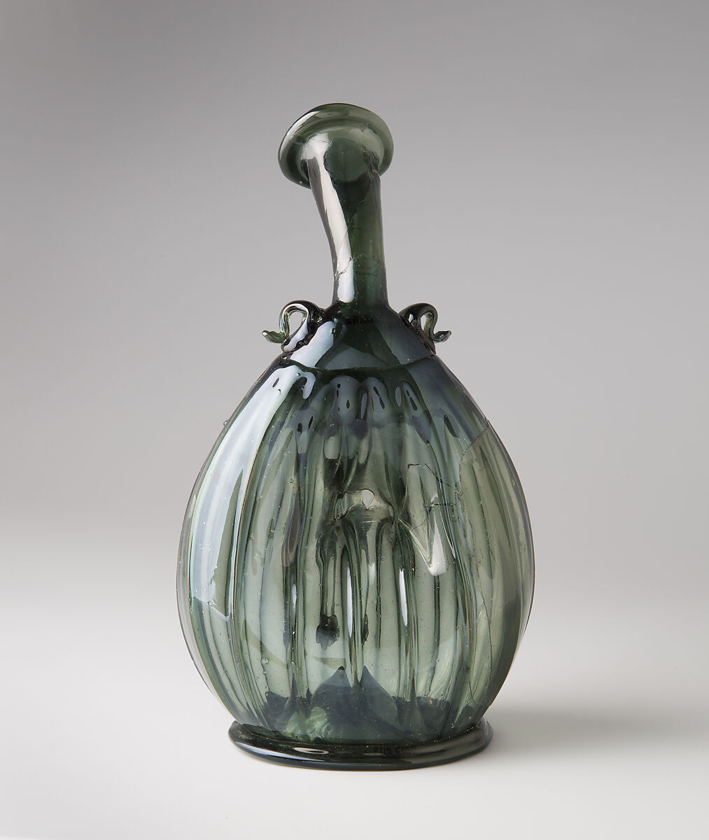 Pilgrim Flask with the Corpus Christi, Free-blown glass with applied decoration, German