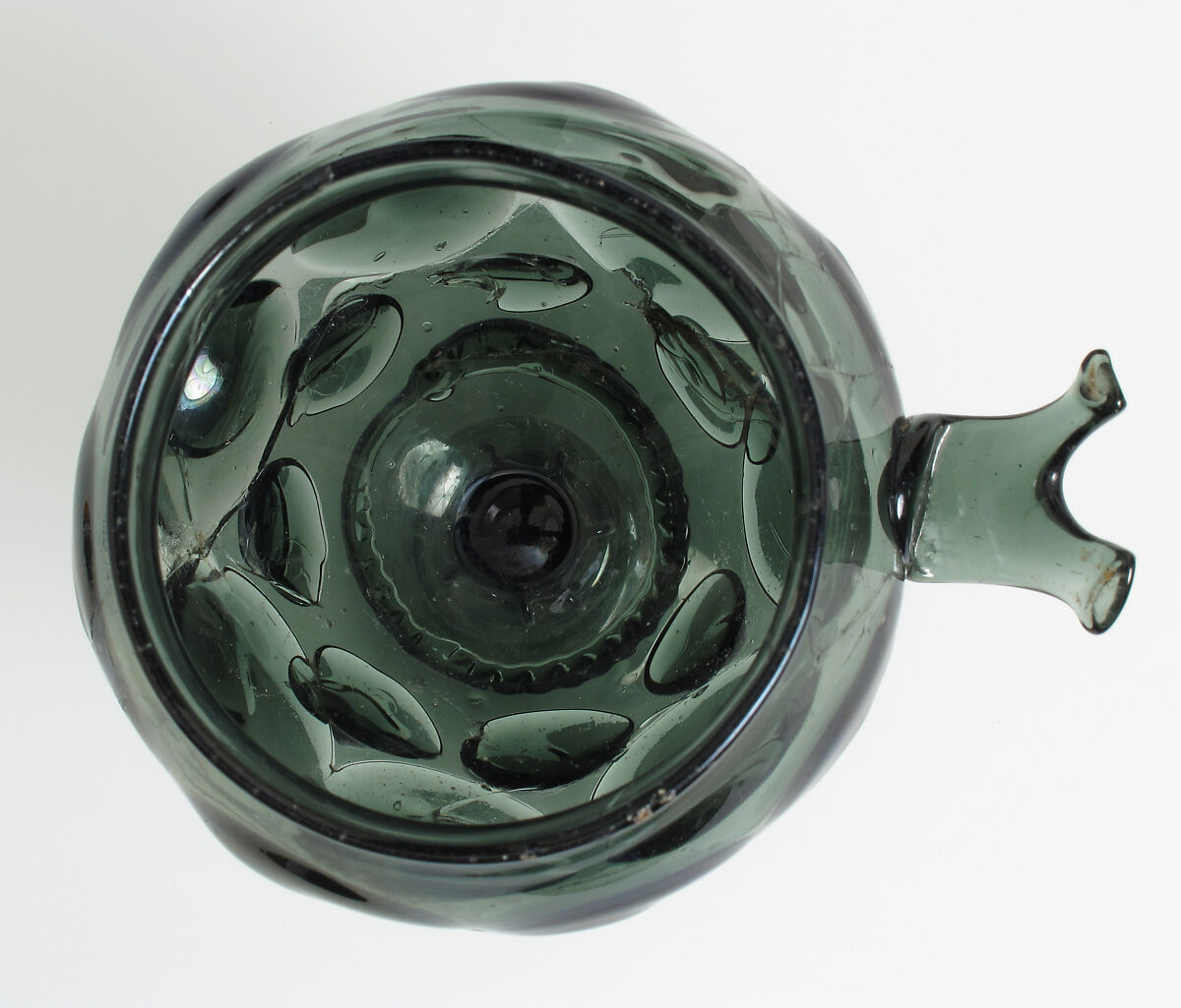 Footed Cup with handle: Scheuer, Free-blown glass with applied decoration, German