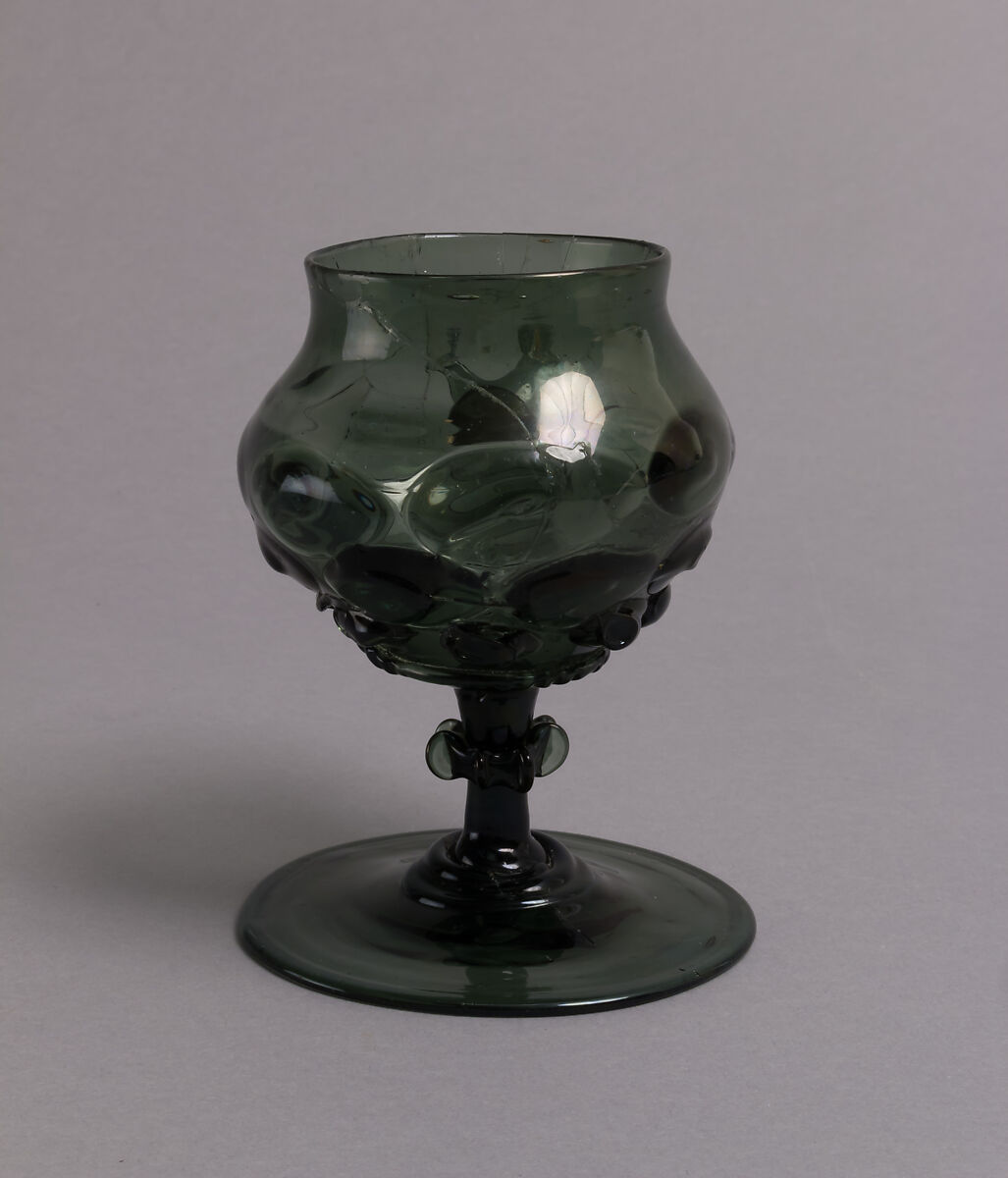 Footed Cup with handle: Scheuer, Free-blown glass with applied decoration, German
