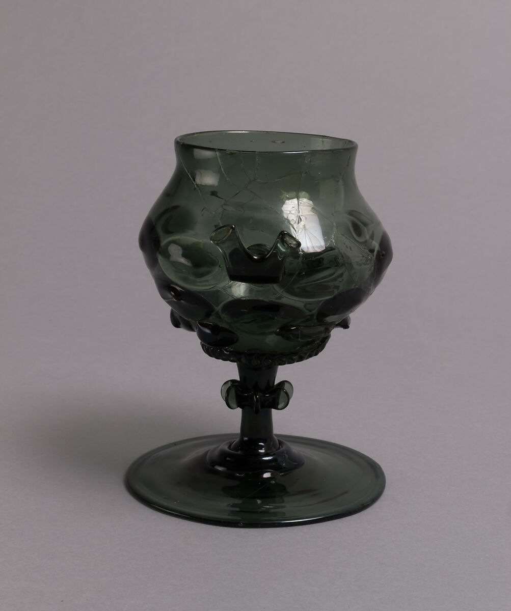 Footed Cup with handle: Scheuer, Free-blown glass with applied decoration, German