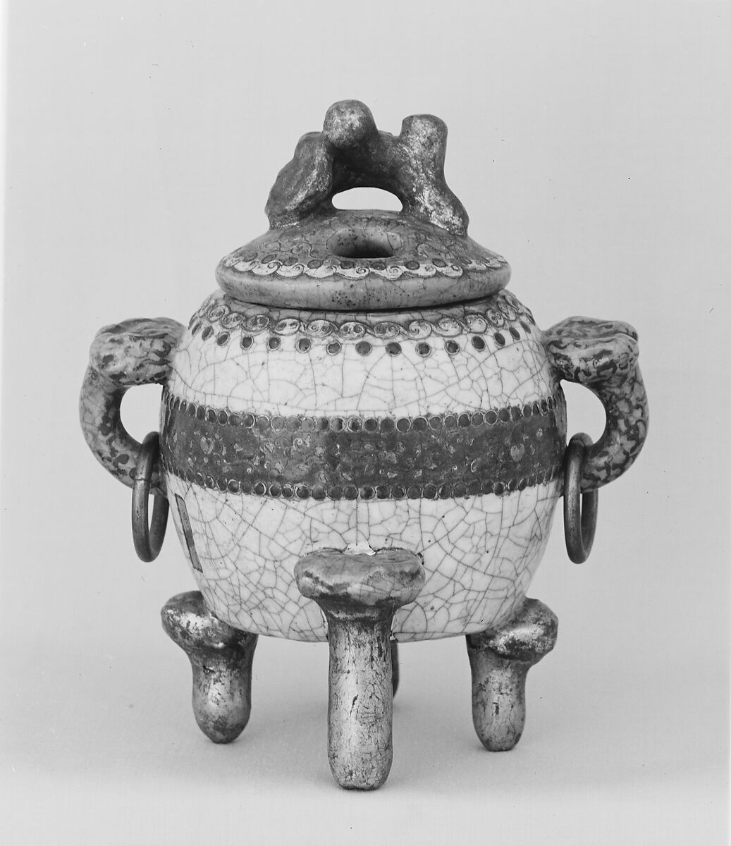 Incense Burner, Pottery covered with crackled glaze, enriched with cloisonné; bronze rings at sides (Kyoto ware), Japan 