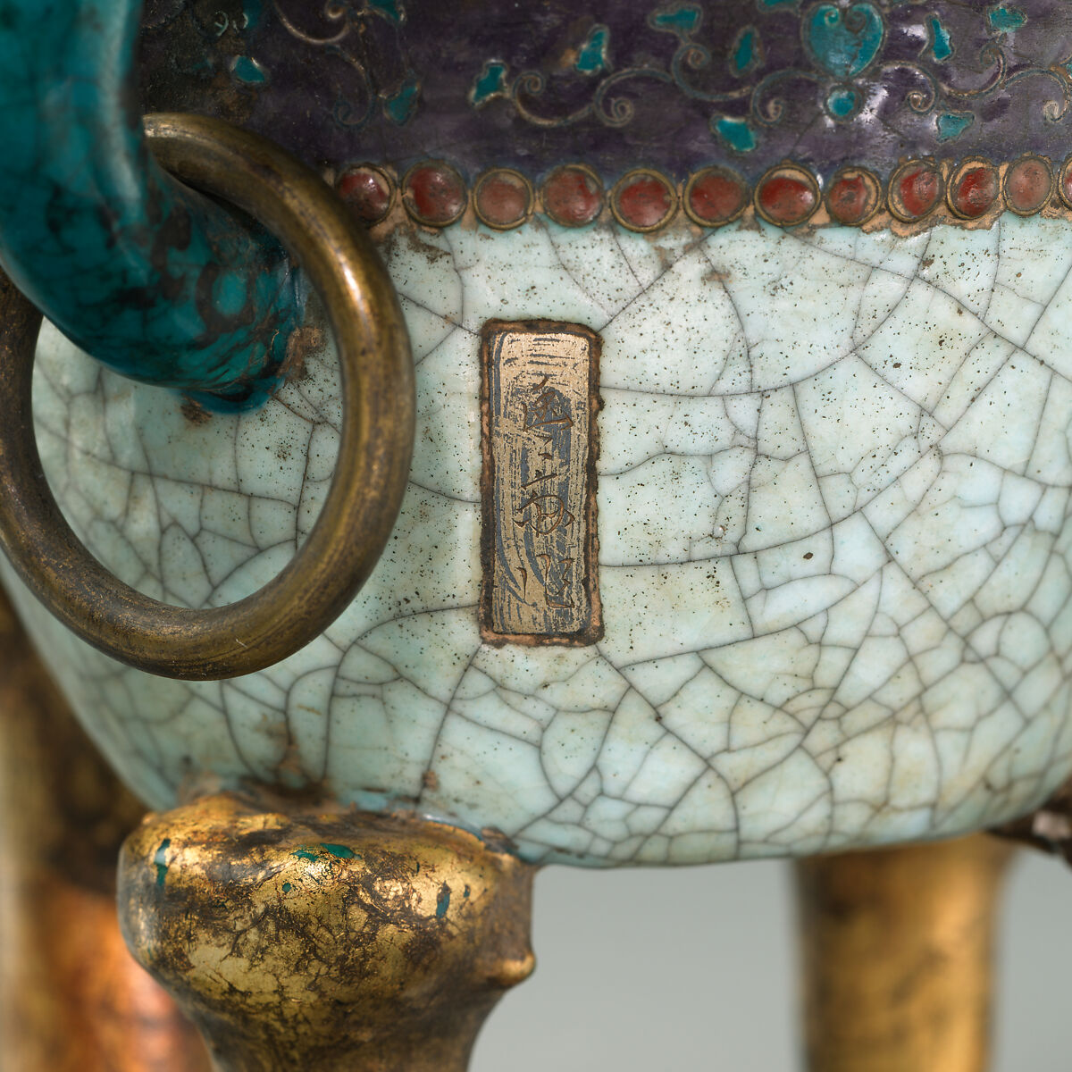 Incense Burner, Pottery covered with crackled glaze, enriched with cloisonné; bronze rings at sides (Kyoto ware), Japan