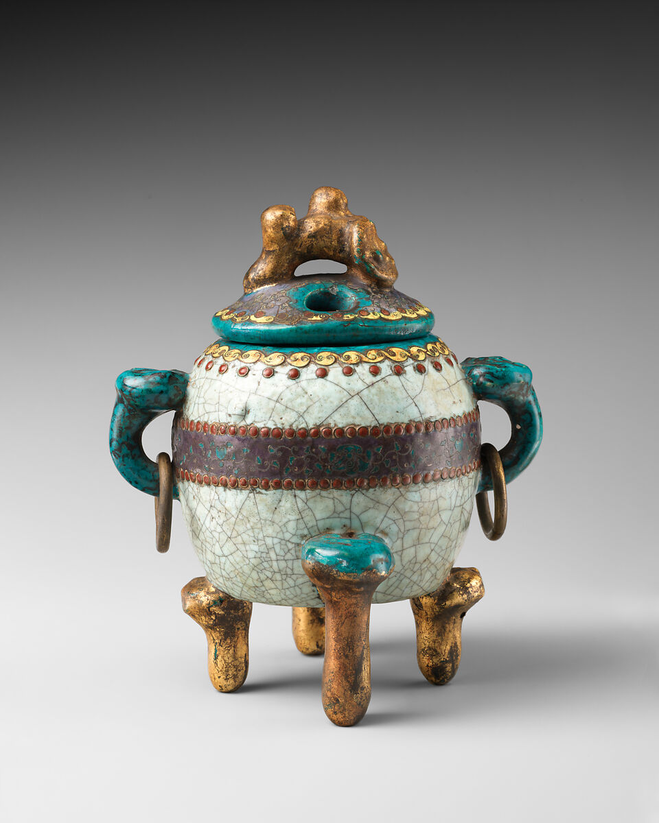 Incense Burner, Pottery covered with crackled glaze, enriched with cloisonné; bronze rings at sides (Kyoto ware), Japan
