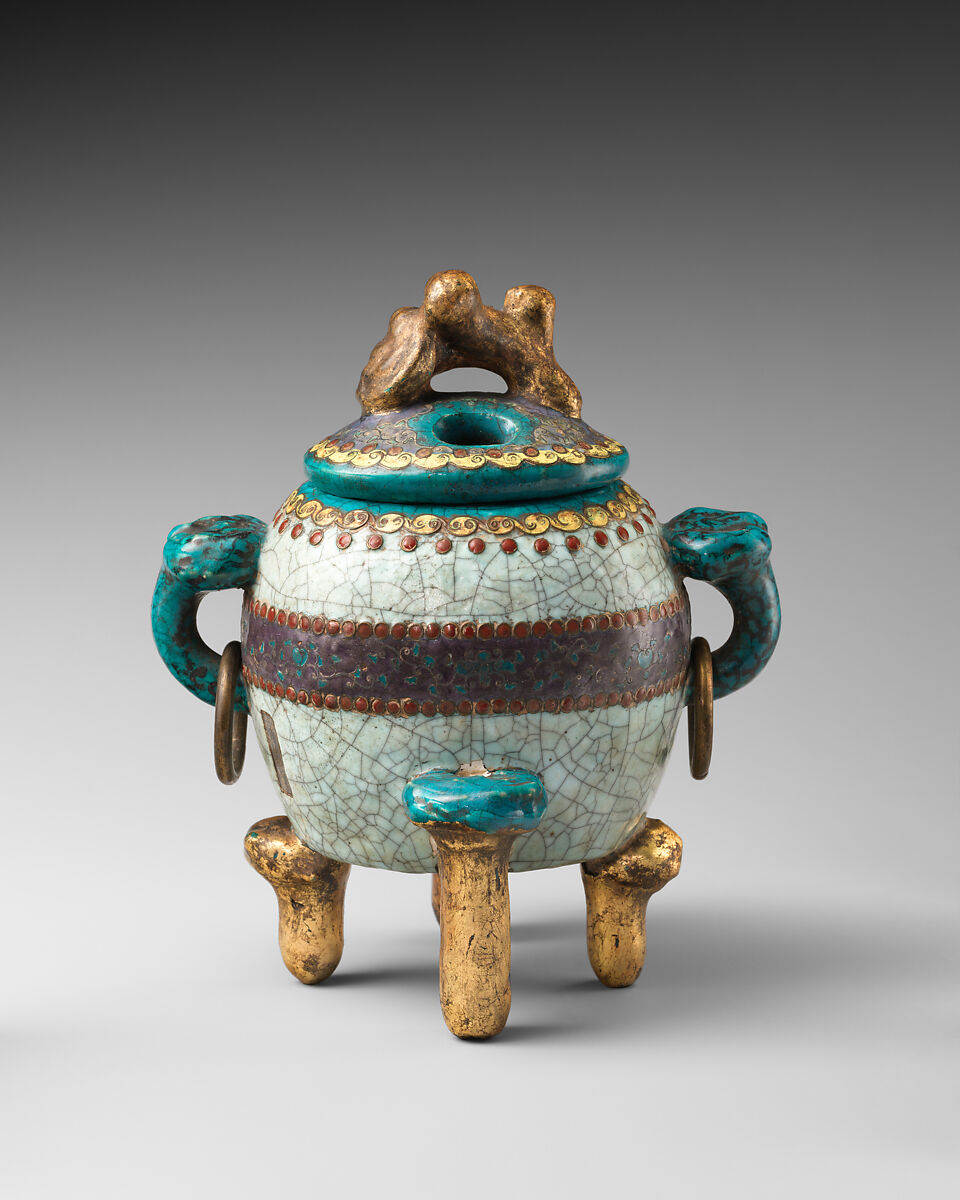 Incense Burner, Pottery covered with crackled glaze, enriched with cloisonné; bronze rings at sides (Kyoto ware), Japan