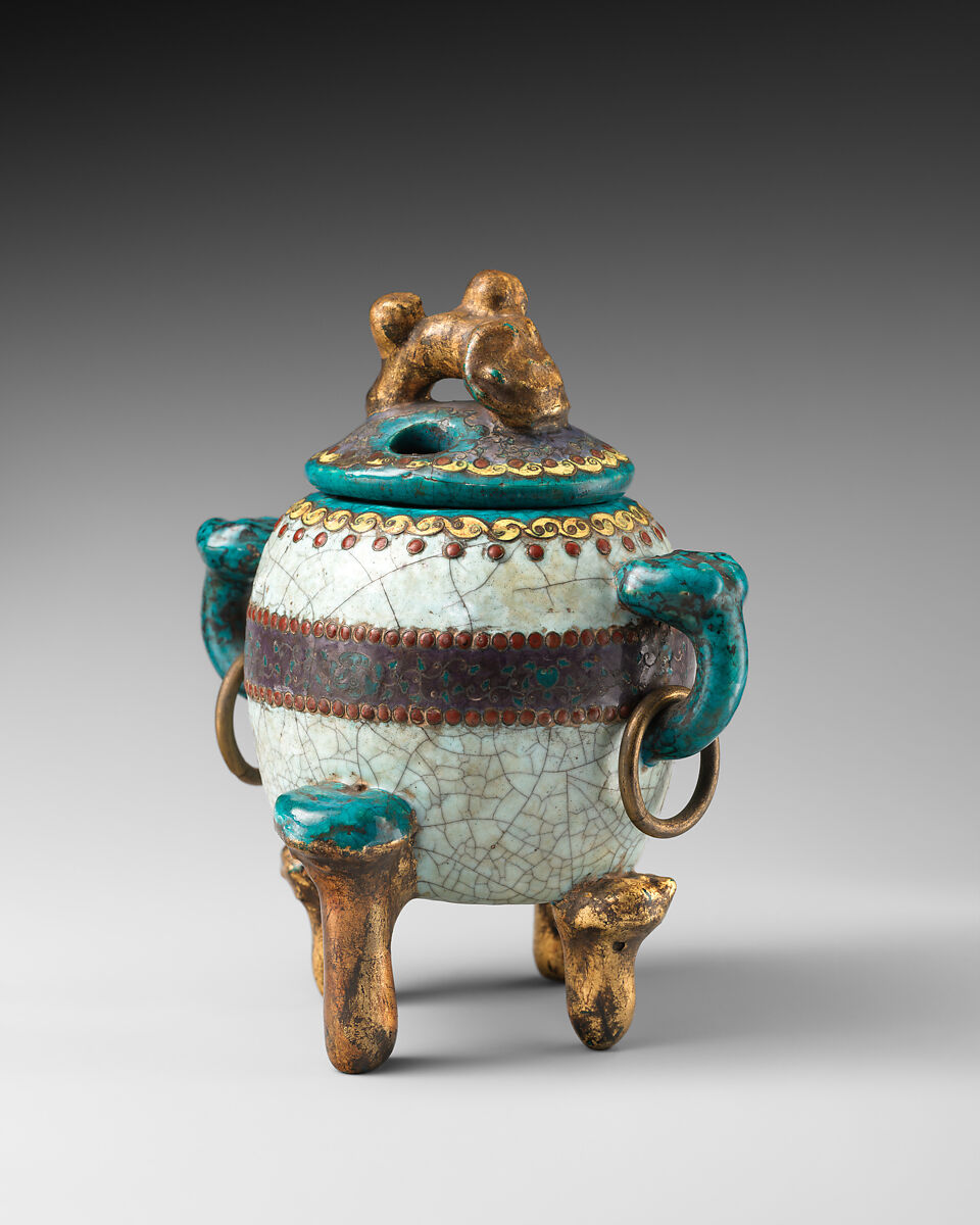 Incense Burner, Pottery covered with crackled glaze, enriched with cloisonné; bronze rings at sides (Kyoto ware), Japan 